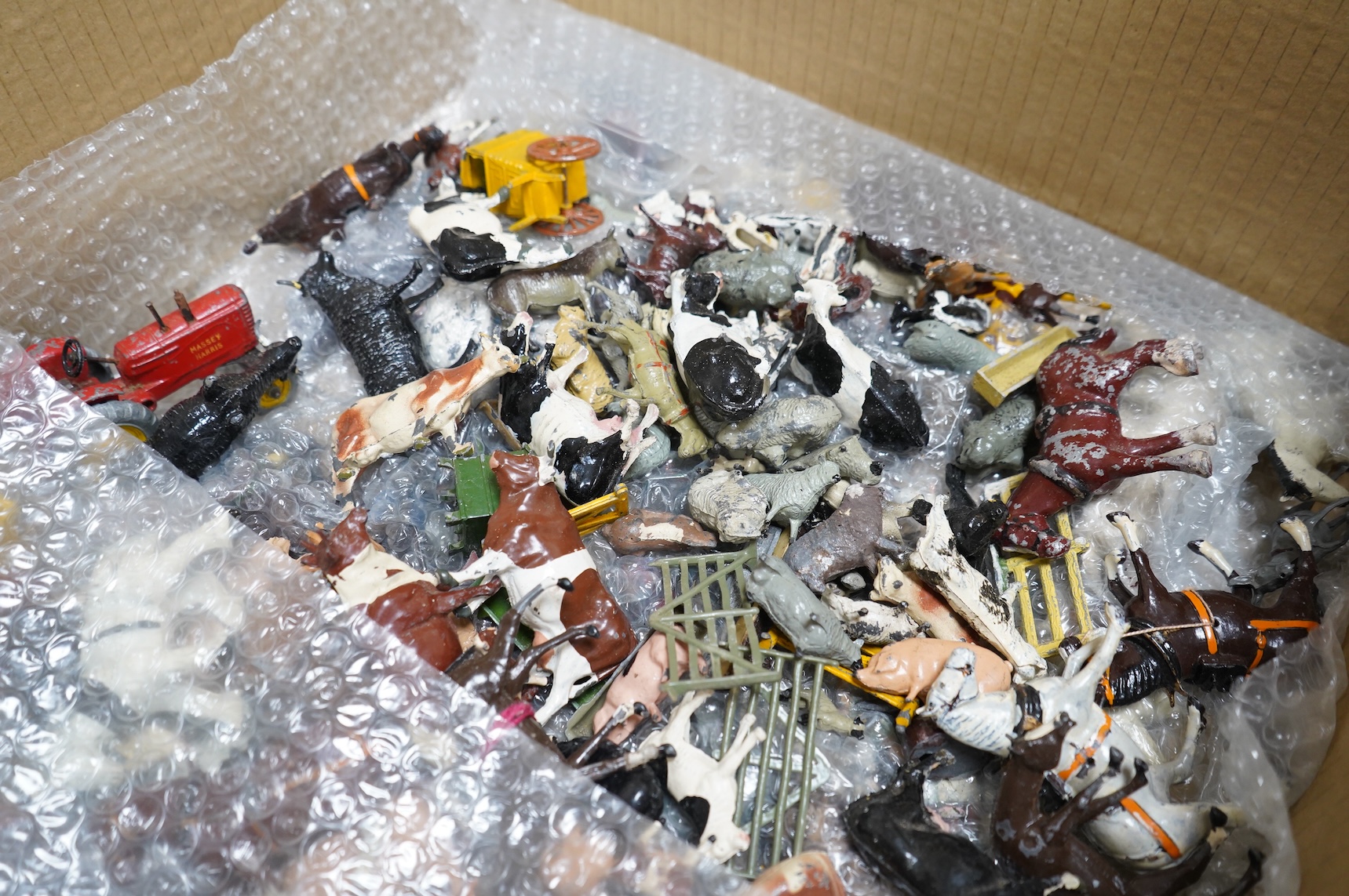 A quantity of diecast toys, plastic and lead soldiers, and 00 gauge model railway, including; a good quantity of Britains, etc. lead animals, Britains Deetail plastic soldiers, etc. Britains lead soldiers, farm equipment